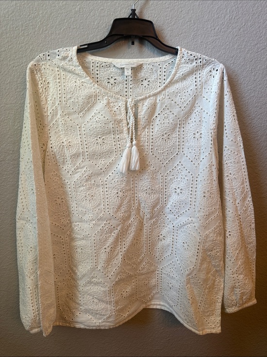 Garnet Hill Tops - Boho Chic Garnet Hill White Eyelet Peasant Tassel Tunic Long Sleeve Blouse